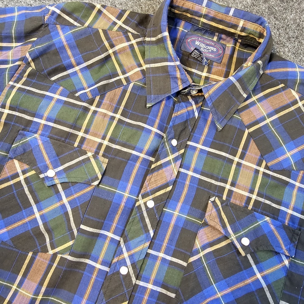 Williams Bay Mens XL Tall Plaid Blue Western Shirt Pearl Snap Front Short Sleeve